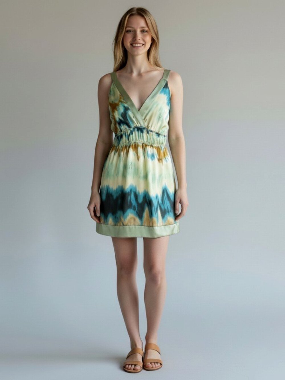Hale Bob 100% Silk Watercolor Blue Green V Neck Babydoll Mini Dress Size S New
